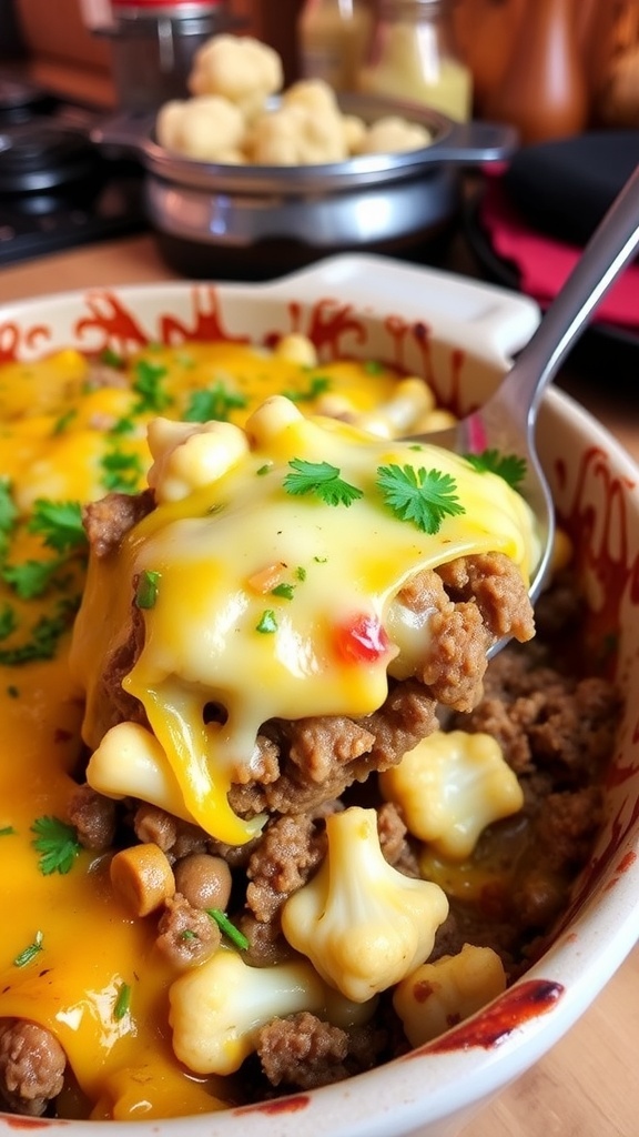 Ground beef and cauliflower casserole topped with melted cheese in a rustic baking dish.